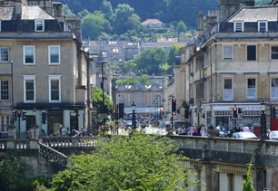 A street of historic buildings in city of Bath, UK