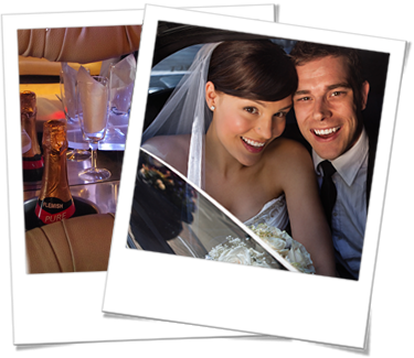 Group of people pose with champagne glasses inside a limousine